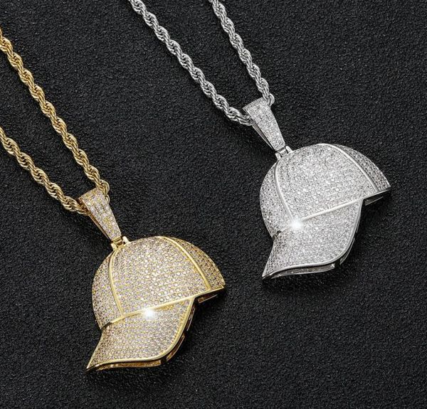 

sport baseball hat necklace jewelry set 18k gold cubic zirconia bling diamond hip hop summer hats pendant necklaces women men stai7811536, Silver