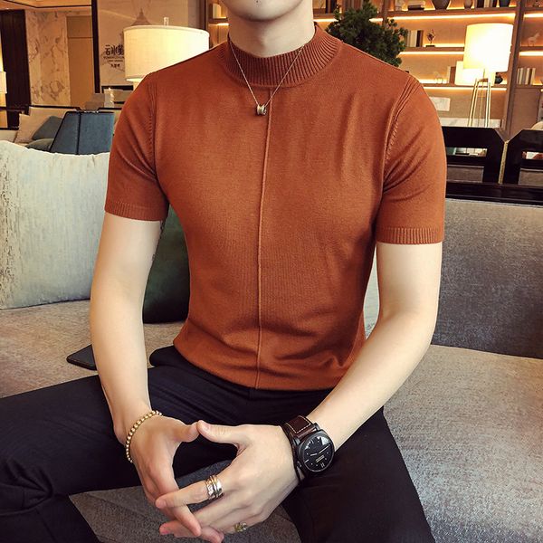 

men's sweaters 7 colors half high collar men t-shirt spring short sleeve solid color sweater pullover t shirt slim knitted tees 230822, White;black