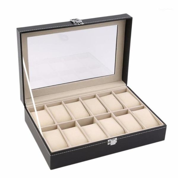 

designer watch box 12 slots grid pu leather display box jewelry storage organizer case locked boxes retro saat kutusu caixa para r328m, Black;blue