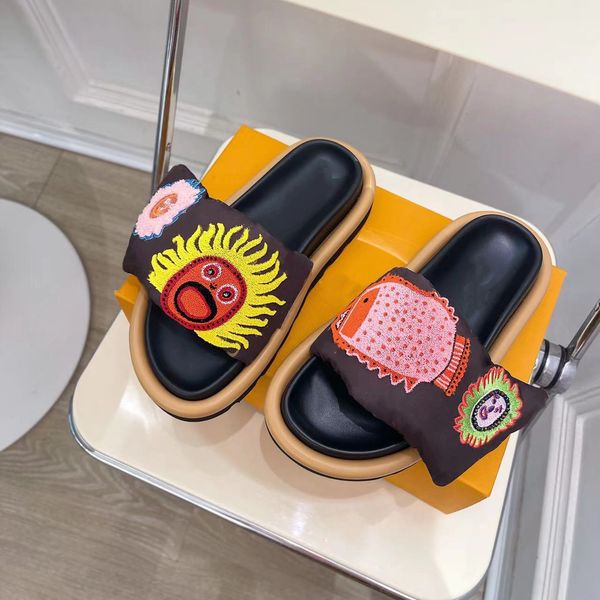 

yk patchwork sun fish embroidered pool pillow slippers mules women super cosy flat shoes, Black