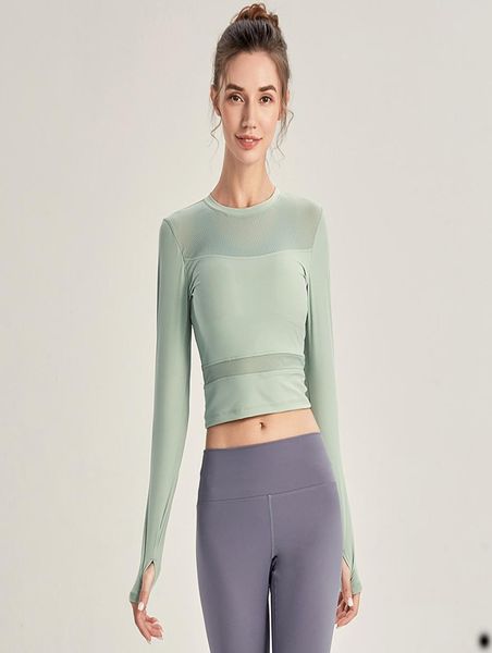 

sports women running fitness s yoga short open navel mesh stitching breathable long sleeve t-shirt tight elasticity workout exercise gym clo