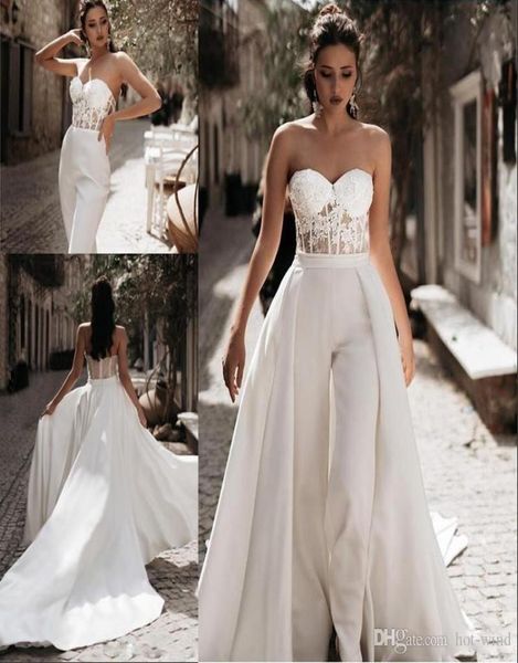 

modest jumpsuit beach wedding dresses with detachable train sweetheart pants satin lace appliques country mother bridal gowns6469383, White