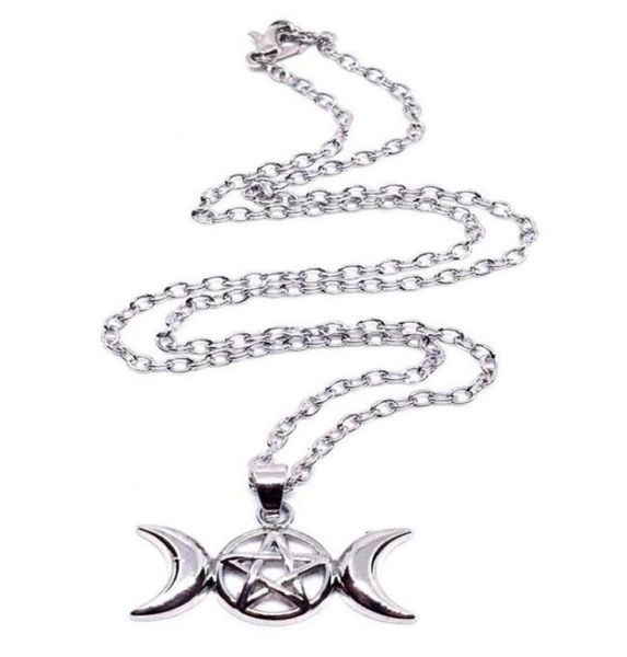 

triple moon wiccan pentacle necklace pendant vintage silver alloy gothic collares statement necklace women fashion jewelry goddess4041926