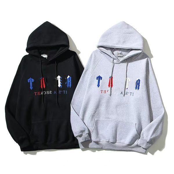 

designer american high street fashion brand trapstar blue and red embroidered casual hoodie for men and women set, Black