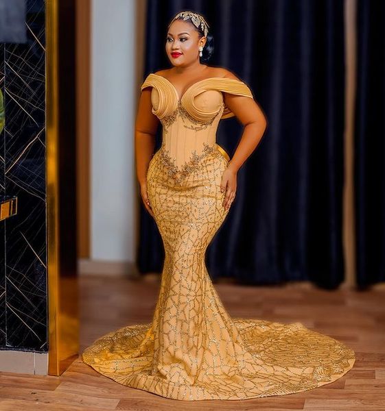 

2023 august aso ebi mermaid gold prom dress lace beaded evening formal party second reception birthday engagement gowns dresses robe de soir, Black