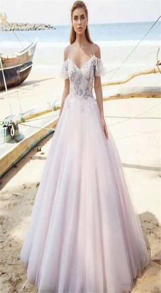 

spaghetti strips aline lace appliques aline wedding dresses beaded pearls custom princess beach bridal gowns formal robe de2937288, White