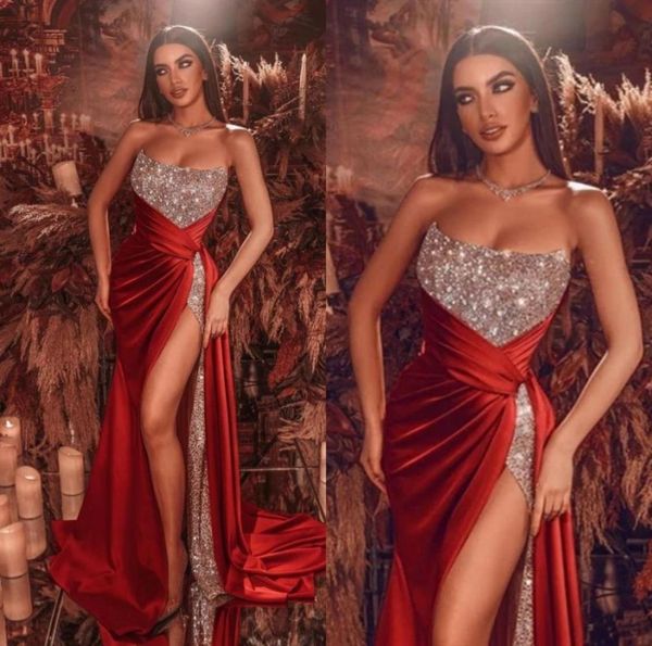 

2022 red scoop mermaid evening dresses sleeveless sparkly sequined split side prom gowns plus size party dress c02139113593, Black;red