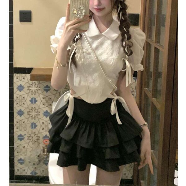 

zhiqing skirts womens dress lace cake a line half body high waist puffy hundred pleats thin lotus leaf short, Black