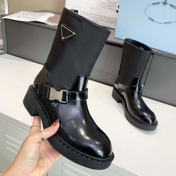 

designer boots short boots women p family triangle lace up european american autumn winter thick soled high leather mid length boots single, Black