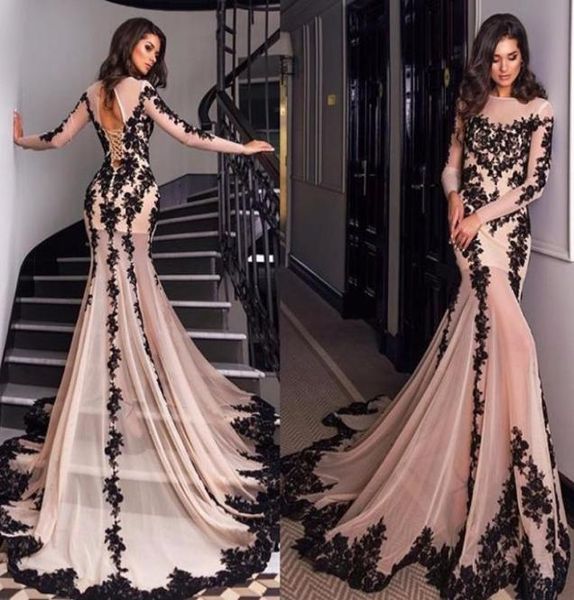 

pink and black mermaid evening dresses 2022 long sleeves court train lace appliques sheer neck laceup back formal prom eveni7524005, Black;red