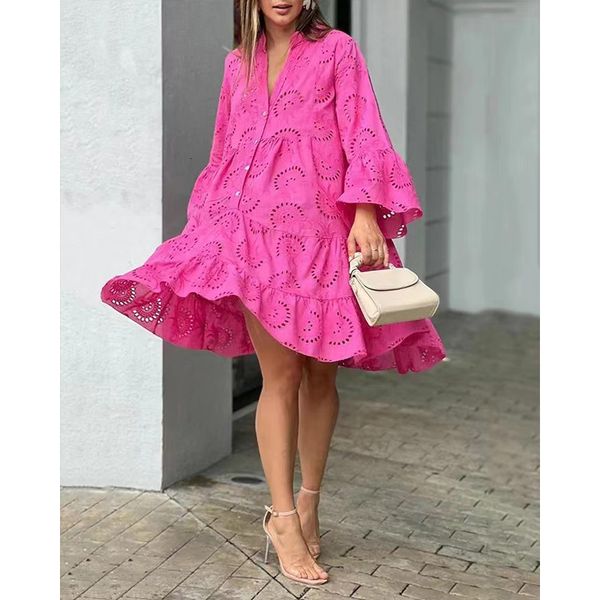 

basic casual dresses summer elegant loose women dress hollow out pattern v neck flare sleeve embroidery ladies beach mini vestidos 230822, Black;gray