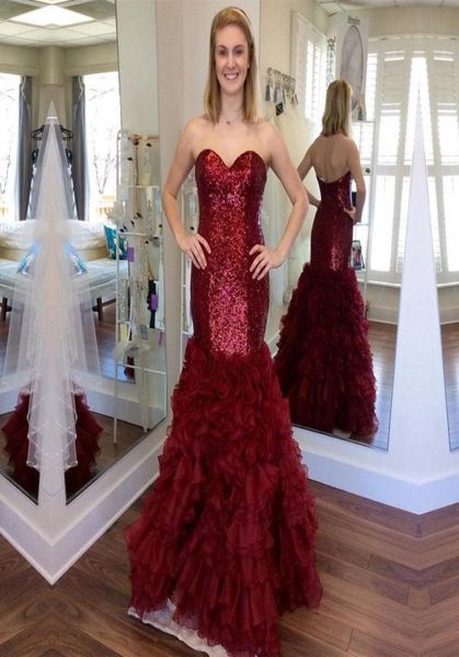 

2020 sparkly burgundy sequined mermaid prom dresses sweetheart sleeveless tiered ruffles plus size formal evening gowns prom party5762512, Black