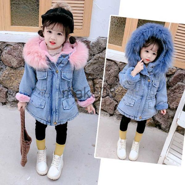 

down coat winter girls denim jacket children cotton hooded windbreaker kids plus thick velvet warm hooded fur collar parkas outwear j230823, Blue;gray