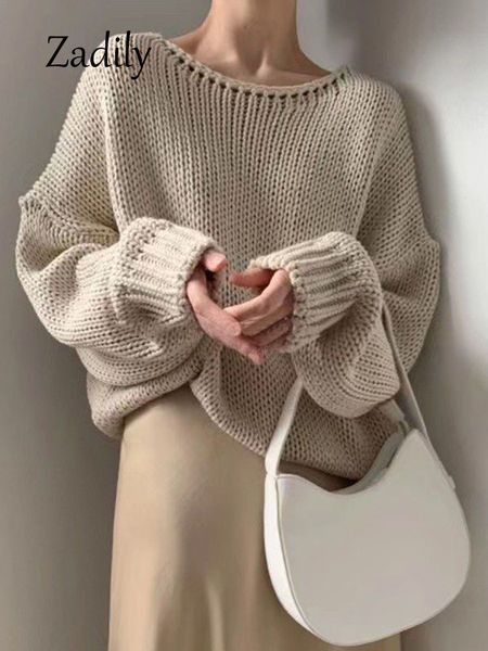 

womens sweaters zadily winter casual long sleeve women loose sweater korea style o neck knit warm pullovers minimalist female clothing 23082, White;black