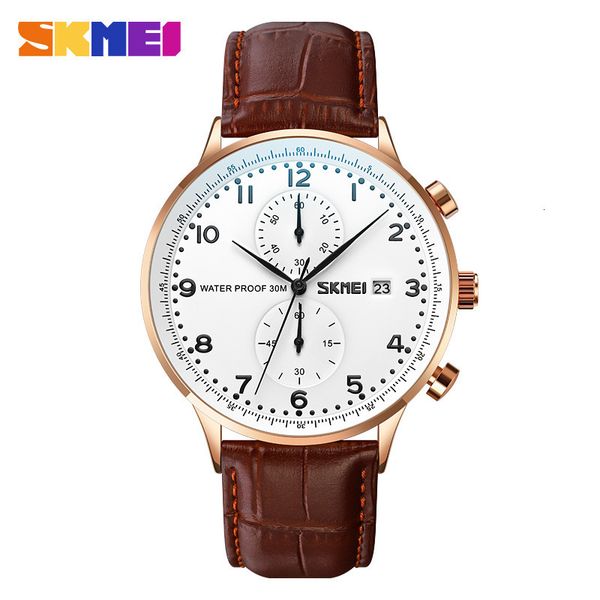 

watch time beauty men simple casual british style large dial watch leather strap chronograph calendar quartz watch men, Slivery;brown