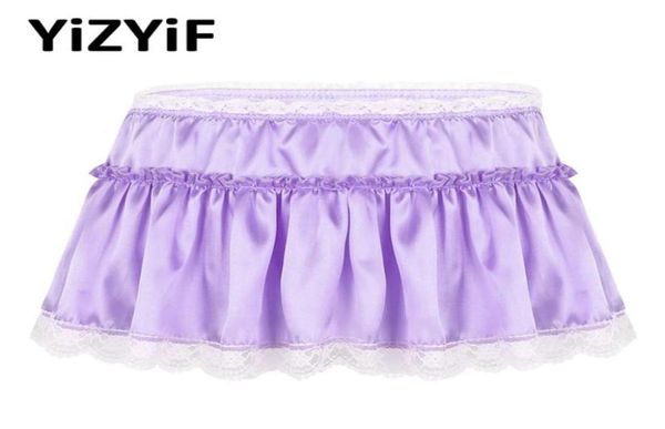 

men micro mini skirt smooth satin elastic high waist lace hem short frilly ruffled aline sissy panties fancy dress men0391504028