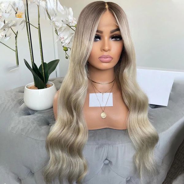 

Human Hair Full Lace Frontal Wigs Natural Body Wavy Ombre Platinum Blonde Lace Frontal Wig HD Transparent Lace Synthetic Frontal Wig Preplucked, Ombre color like picture show