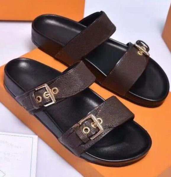 

bom flat mule cool effortlessly slippers stylish slides 2 straps with adjusted gold buckles women summer colour beach sandals shoes, Black