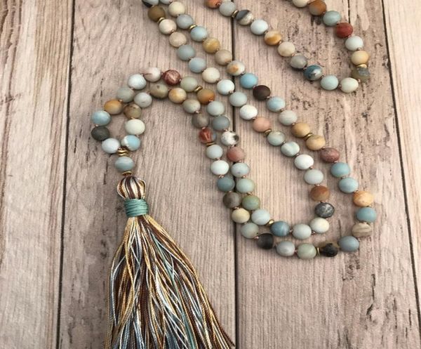 

matte ite bead necklace 108 mala beads necklace hand knotted meditation jewelry long silk tassel yoga mala jewelry 2012116715623, Silver