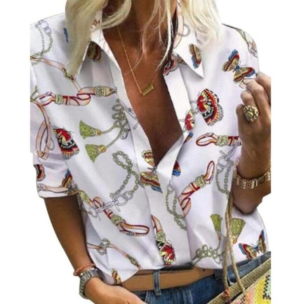 

chain print blouse and shirt women long sleeve vintage shirt womens and blouse for women plus size 5xl spring 20202883460, White