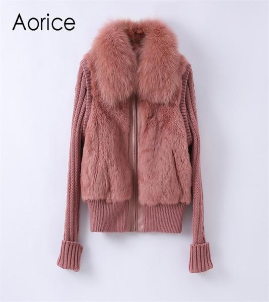 

aorice new fashion design fox fur collarl lady real rabbit fur coat with nylon sleeve ct1383173636, Black
