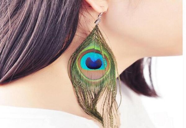 

retro national style luxury peacock feather dangle chandelier earrings color wild earrings fashion trend6791512, Silver