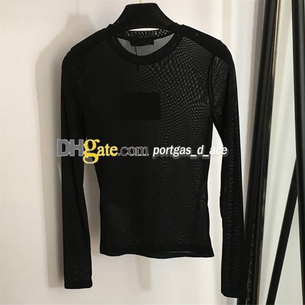 

luxury letter women t shirt mesh see through long sleeve woman bottoming 242e, Black