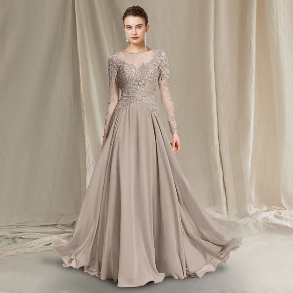 

luxurious a-line mother of the bride dress 2024 elegant jewel floor length chiffon lace groom party gowns long sleeve pleats appliques champ, Black;red
