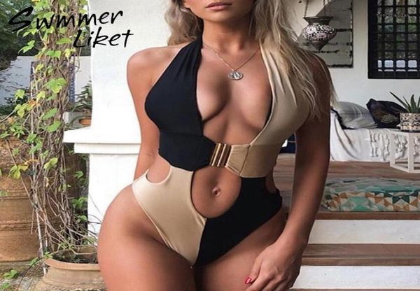 

splice buckle bikini mujer monokini female swimsuit one piece high cut bathing suit women bathers push up swimwear 2019 new15446696, White;black