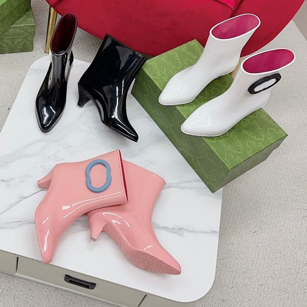

2023 designer women rain boots pvc rubber ankle booties shoes high 5.4cm heel woman luxury rainboots shoe pink white black size 35-40 with b