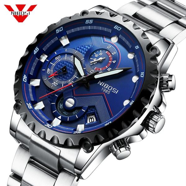 

relogio nibosi masculino watch men brand luxury sport wristwatch chronograph military stainless steel wacth male blue clock188c, Slivery;brown