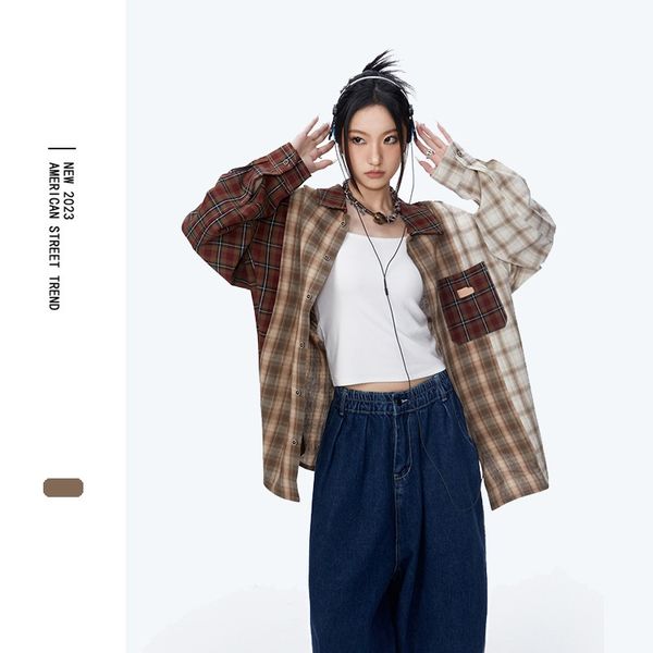 

hip hop plaid shirt streetwear harajuku retro patchwork long sleeve oversize shirts y2k 2023 fashion loose button cotton blouses, White;black