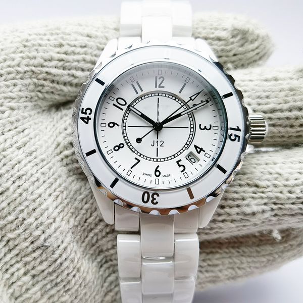 

all-ceramic women's watch series quartz movement white ceramic watch 33mm stainless steel folding discount date show women's watch, Slivery;brown