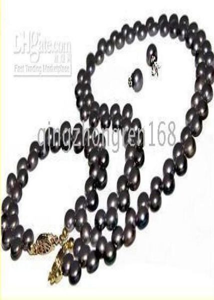 

new fine pearl jewelry charming 89mm black fresh water pearl necklace set3609741