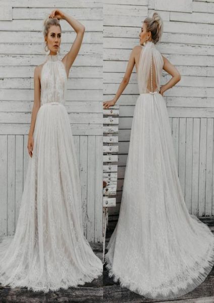 

bohemian high collar wedding dresses a line lace appliqued sleeveless beach bridal gowns sweep train plus size boho wedding dress4282463, White
