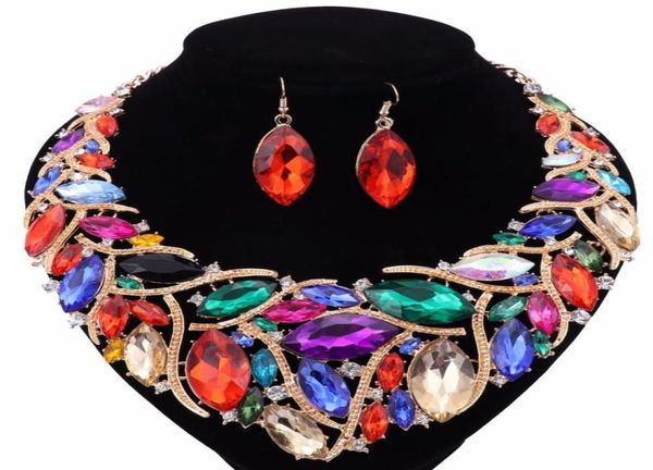 

african costume jewelry sets gold plated fashion wedding women bridal accessories rhinestones crystal earring necklace set3601827, Black