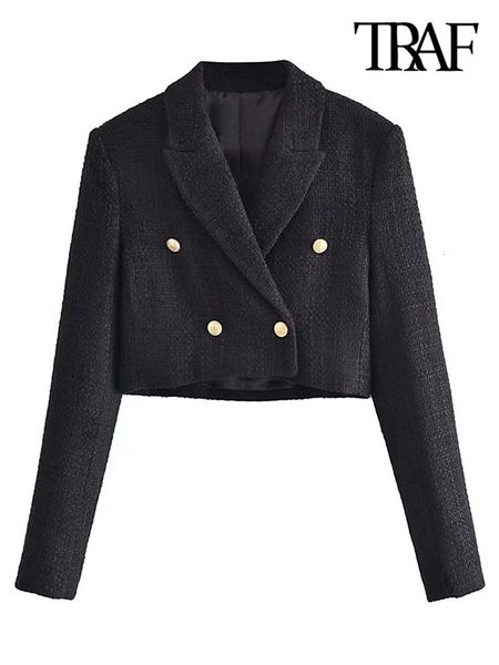 

women's jackets traf women fashion tweed cropped blazer coat vintage long sleeve front buttons female outerwear chic veste femme 230823, Black;brown