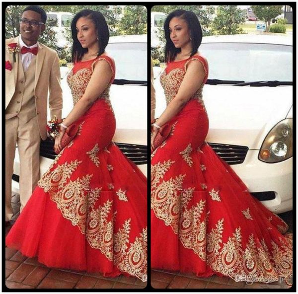 

red sheer scoop neck mermaid evening dresses negeria style with gold lace appliques prom party gowns 2020 slim black girls 436183, Black;red