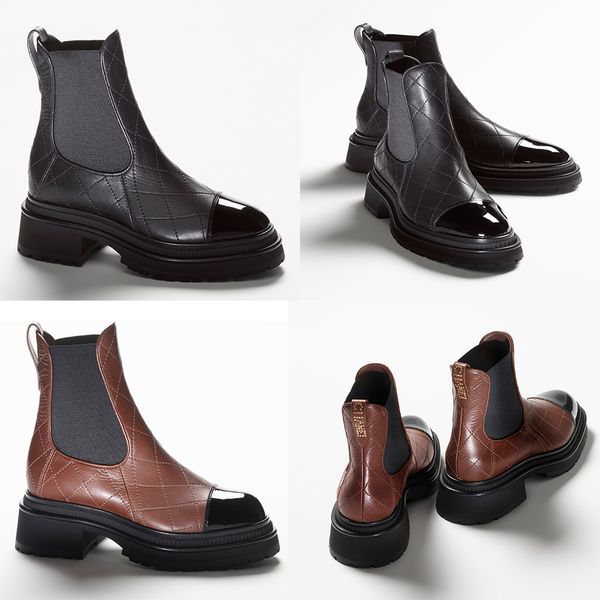 

plaid leather ankle boots chelsea boots platform slip on round flat platform half boots luxury designer high women's chunky heel rider, Black
