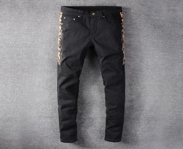 

hip hop jean men leopard print patch black stretch denim patchwork slim skinny pants bootcut jeans for men039s9945622, Blue