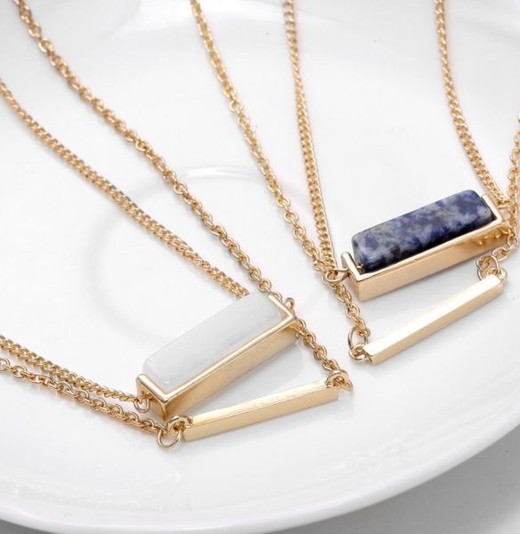 

korean horizontal natural stone necklace luxury geometric quartz gemstone pendant multilayer chains for women ladies fashion jewel9999434, Silver