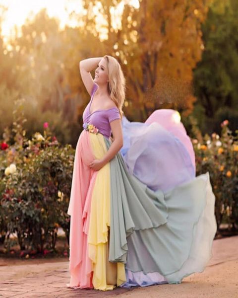 

colorful prom dresses for pregnant woman chiffon off the shoulder evening gowns sleeves short sleeve handmade flowers sash party d1129063, Black