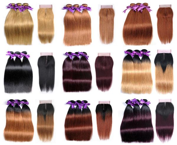 

whole colored hair 3 bundles with 4x4 lace closure hair vendors brazilian straight human hair weaves natural black pure ombre 4946214, Black;brown