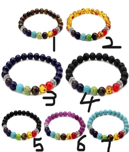 

7 chakra charm beads chains bracelets 8mm lava rock tiger eye stone protection energy healing stretch bangle for men women diy jew1237739, Golden;silver