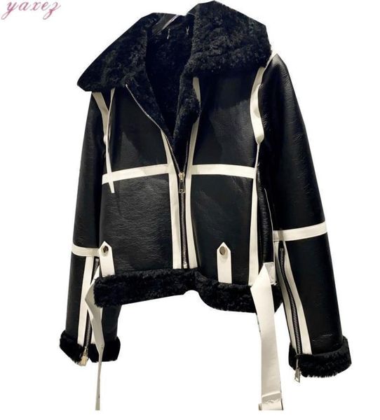 

women039s jackets 2021 pu leather lamb fur patchwork jackert autumn winter white stripe contrast belt label motocycle coat over3792507, Black;brown