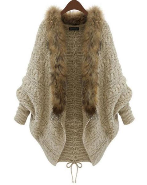 

winter new cardigan poncho fur collar outerwear women sweater knitted brand casual knitwear jacket 81175549292397, White;black