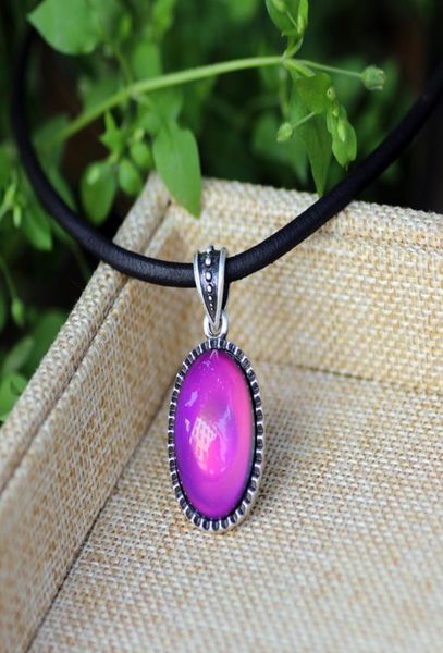 

fashion style real silver plated handmade mood pendant necklaces leather chain color changing stone necklace mjsnk0029294962