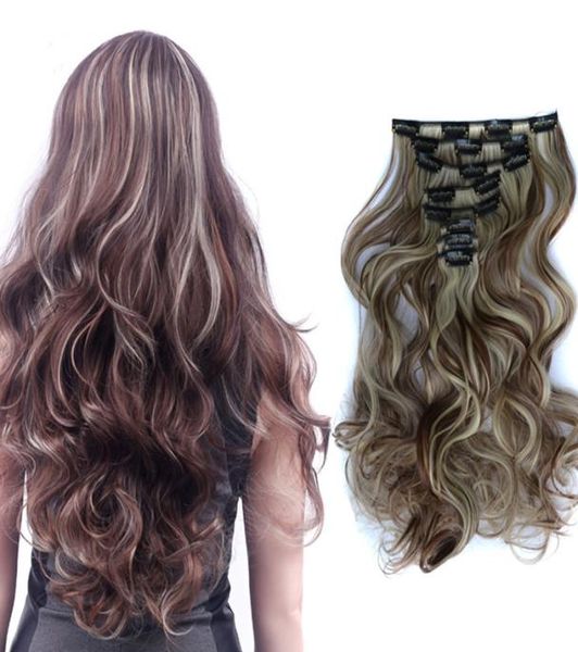 

24quot 8pcs curly hair set for full head clips in hair extensions 11colors available clips hair pieces1393844, Black;brown