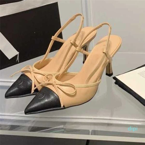 

sandals 7cm designer new 23ss women party dress shoes channel kitten heels bowknot slingback summer womens designer shoes pointed shoe kqf, Black