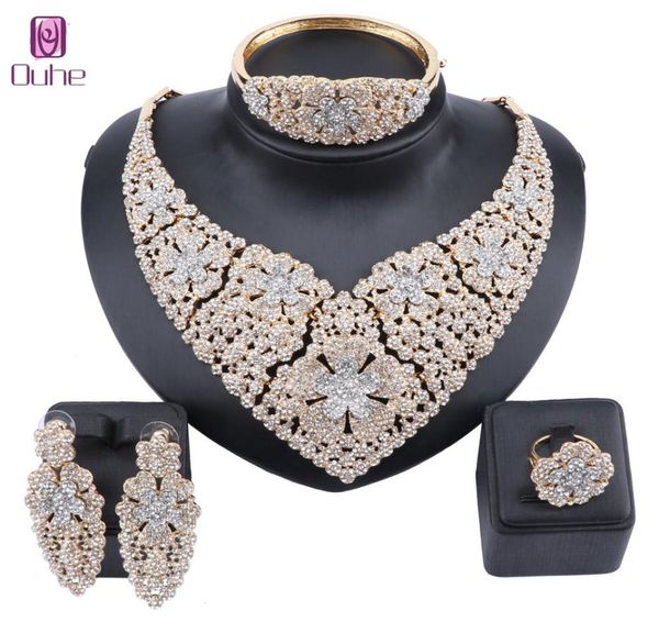 

new fashion wedding jewelry statement gold color crystal rhinestones necklace earrings bangle ring bridal jewellery set9341911, Slivery;golden